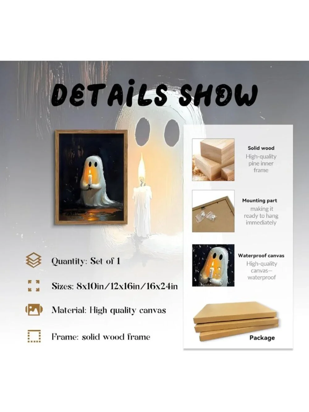 Cute Gothic Ghost Wall Art - Framed Halloween Decor, Vintage Canvas Print 16x24